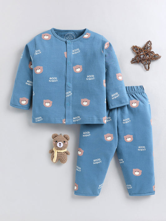 Blue Teddy Bear Cotton Full Sleeve Night Suit