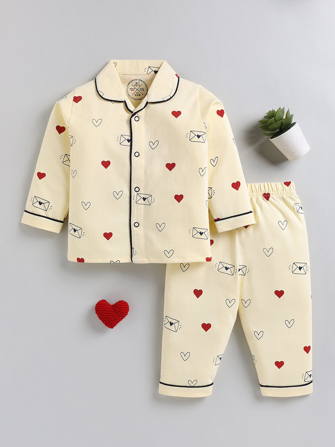 Yellow Typography Cotton Full Sleeve Night Suit