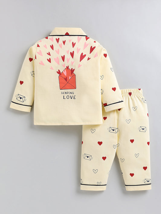 Yellow Typography Cotton Full Sleeve Night Suit