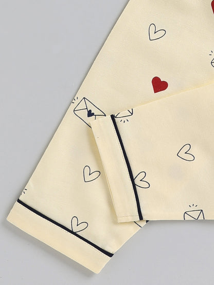Yellow Typography Cotton Full Sleeve Night Suit