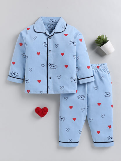 Blue Typography Cotton Full Sleeve Night Suit