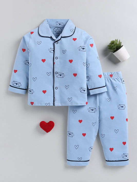 Blue Typography Cotton Full Sleeve Night Suit