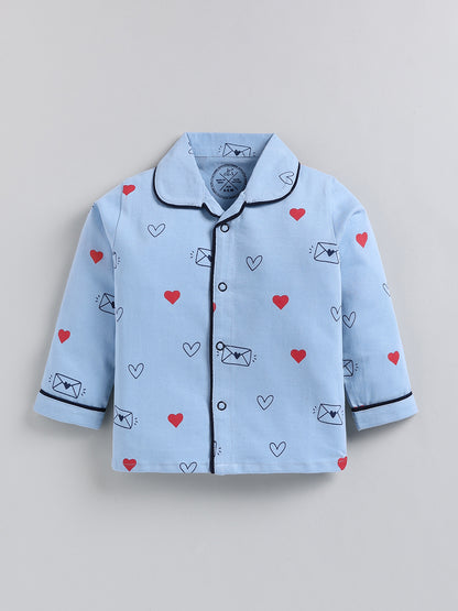 Blue Typography Cotton Full Sleeve Night Suit