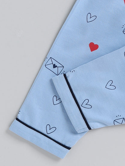 Blue Typography Cotton Full Sleeve Night Suit