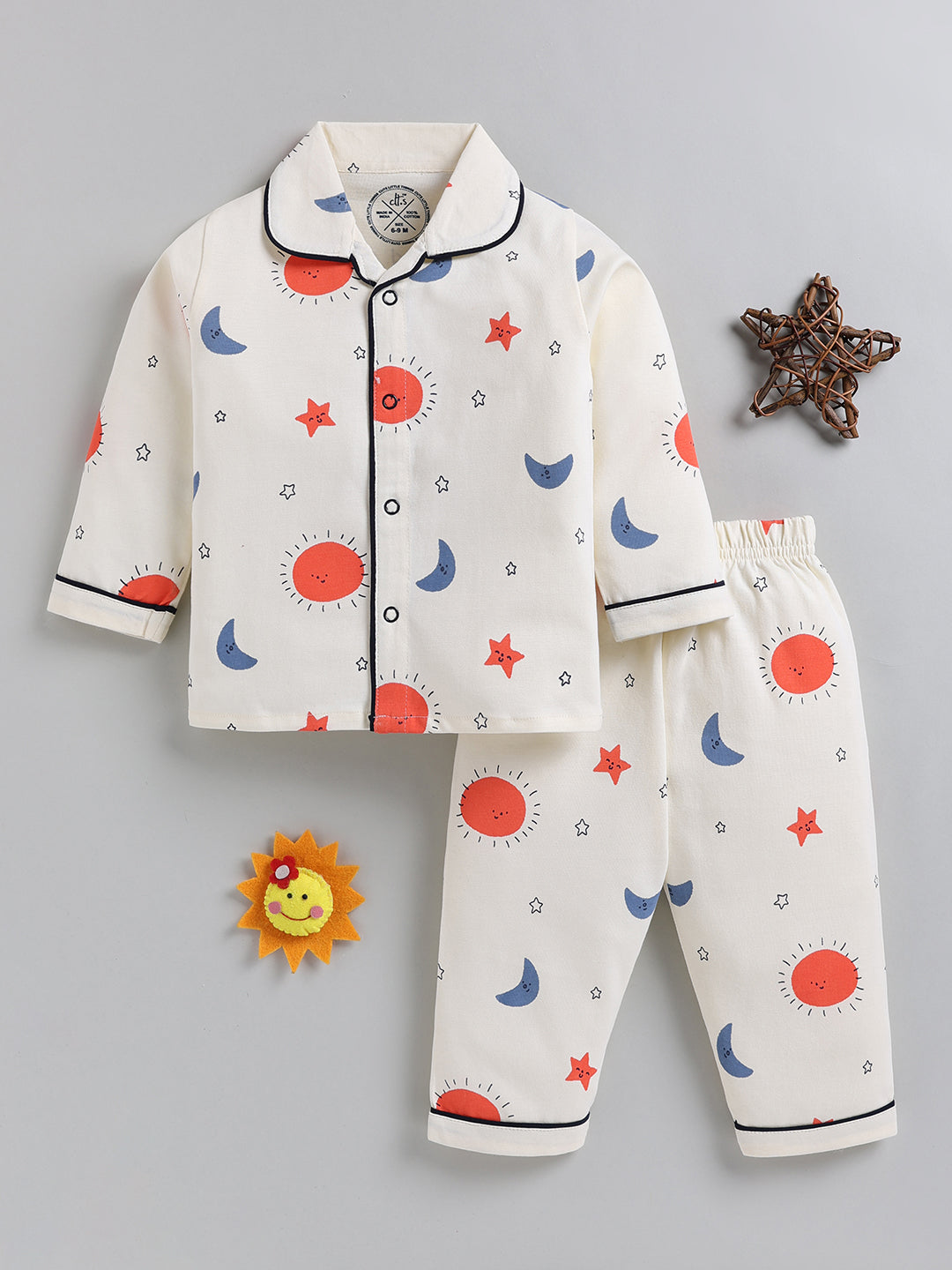 Cream Typography Cotton Full Sleeve Night Suit