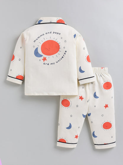 Cream Typography Cotton Full Sleeve Night Suit