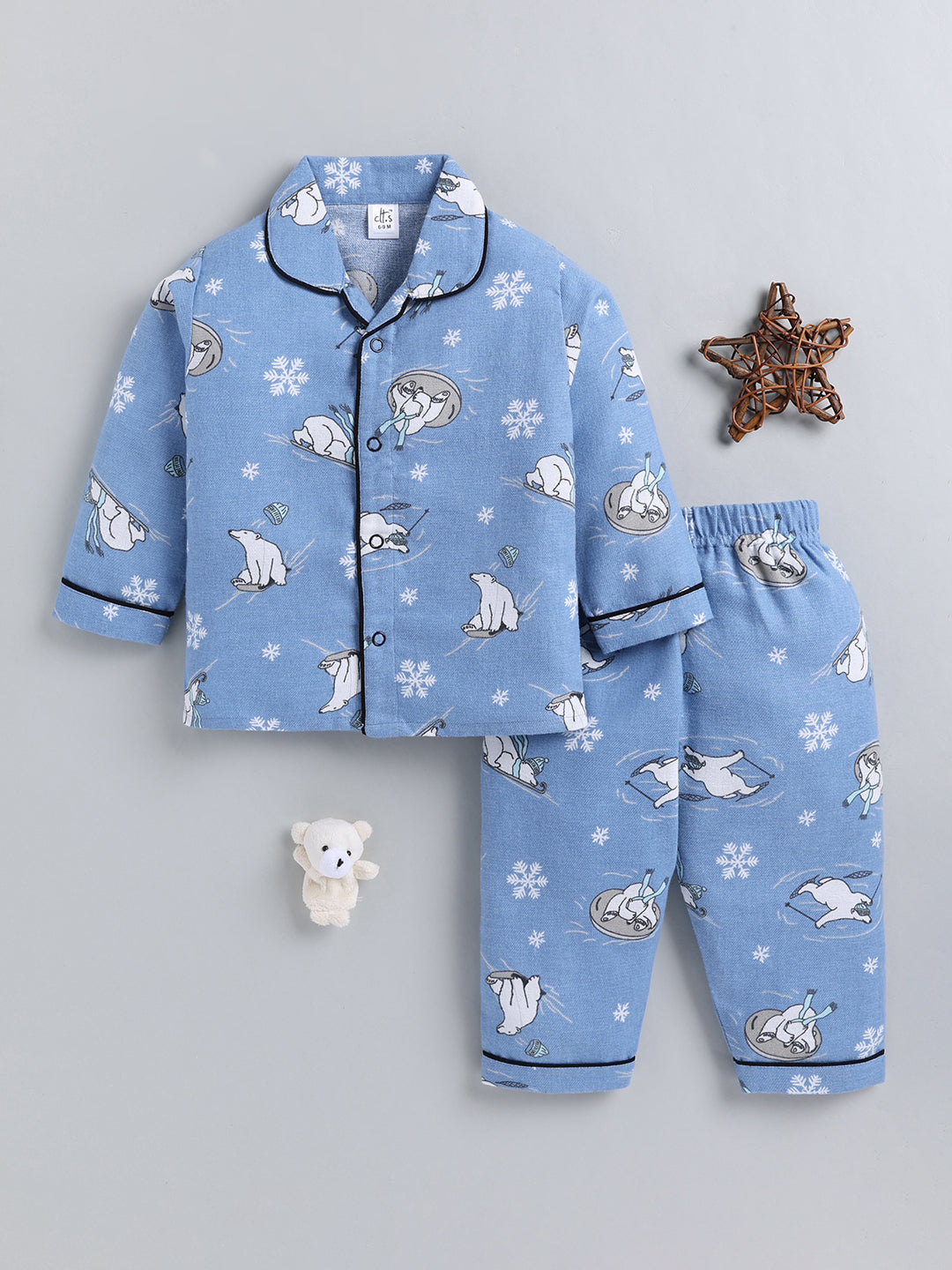 Blue Animal Print Cotton Full Sleeve Night Suit