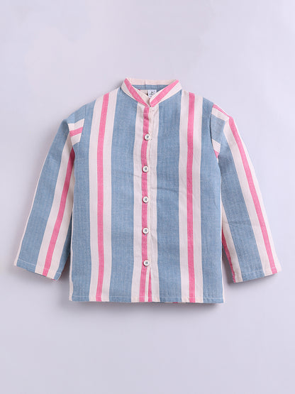 Blue Striped Cotton Full Sleeve Night Suit