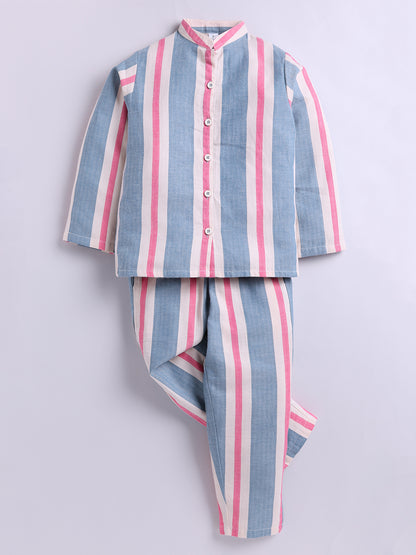 Blue Striped Cotton Full Sleeve Night Suit
