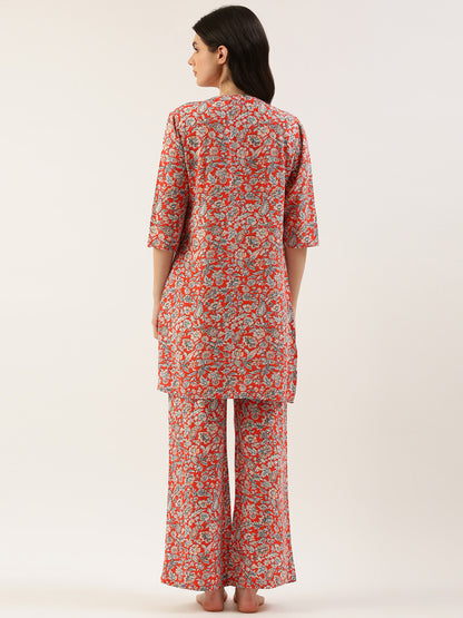 Women Red Floral Kurta & Palazzo