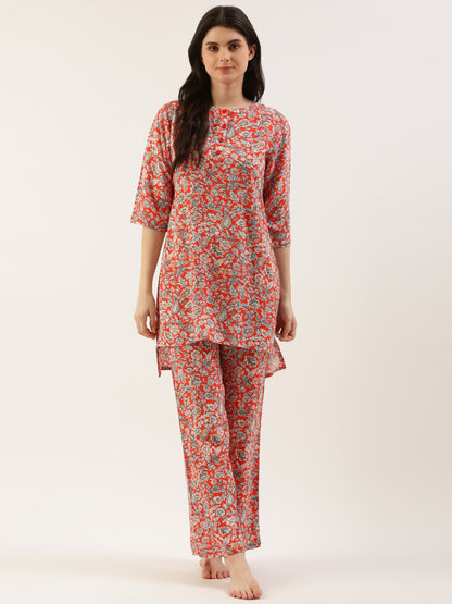 Women Red Floral Kurta & Palazzo