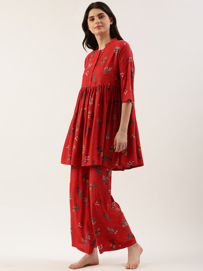 Women Red Floral Kurta & Palazzo