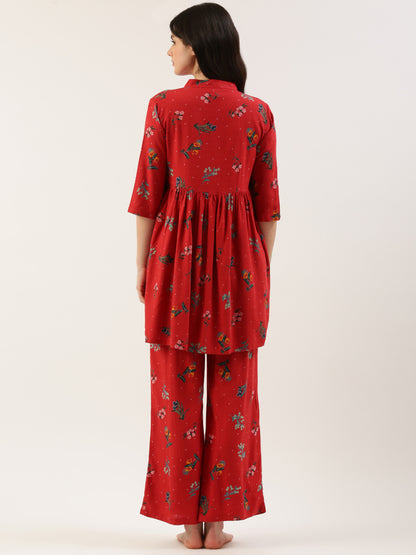 Women Red Floral Kurta & Palazzo