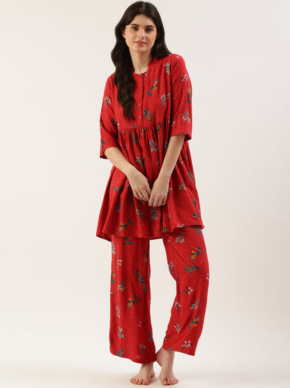 Women Red Floral Kurta & Palazzo