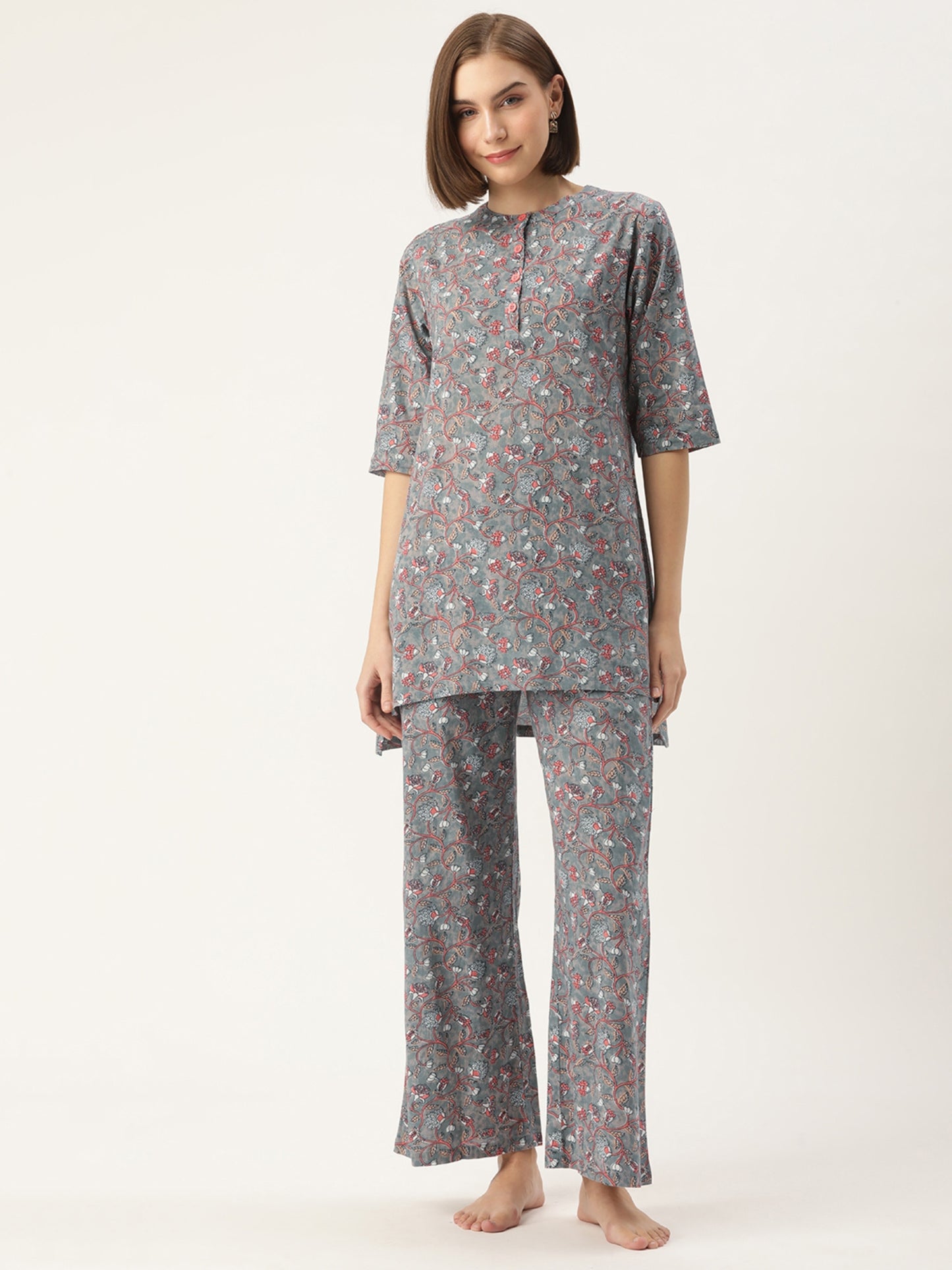 Floral Print Grey Kurta & Palazzo