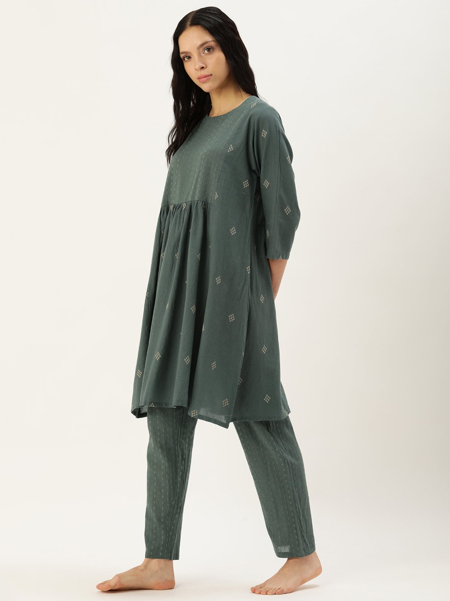Floral Olive Green Kurta & Pajamas Set