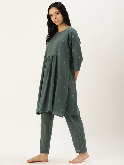 Floral Olive Green Kurta & Pajamas Set