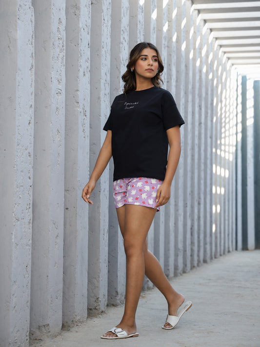 Purple Cotton Short Sleeves Typography T-shirt & Shorts
