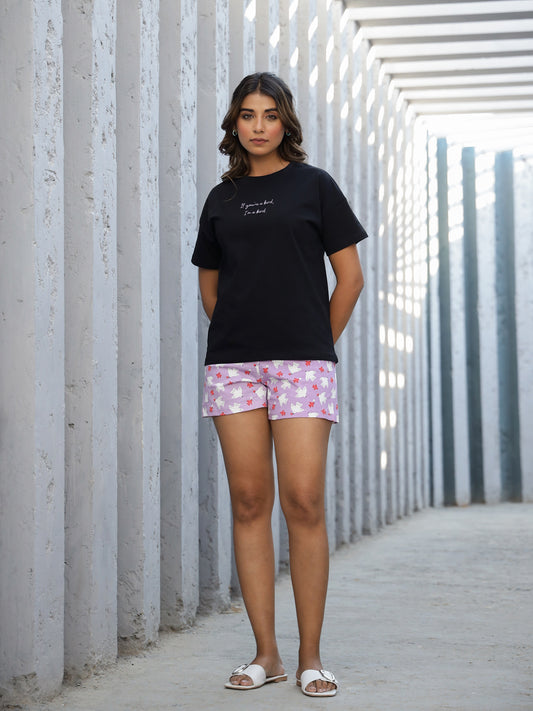 Purple Cotton Short Sleeves Typography T-shirt & Shorts