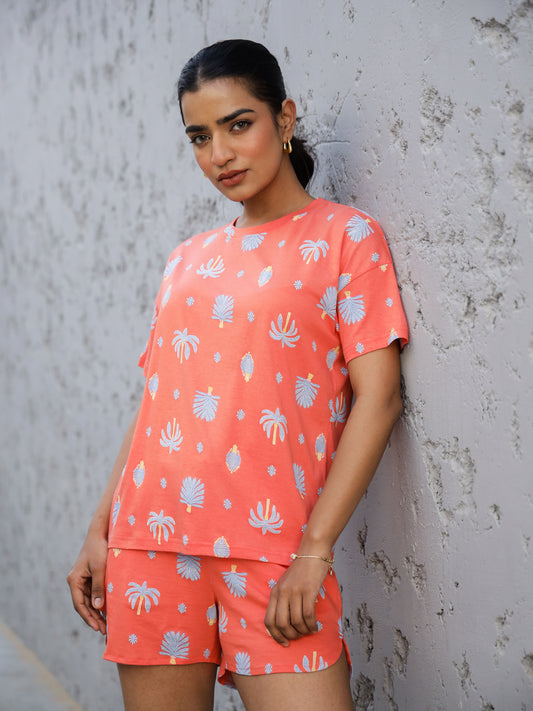 Orange Cotton Short Sleeves Tropical T-shirt & Shorts