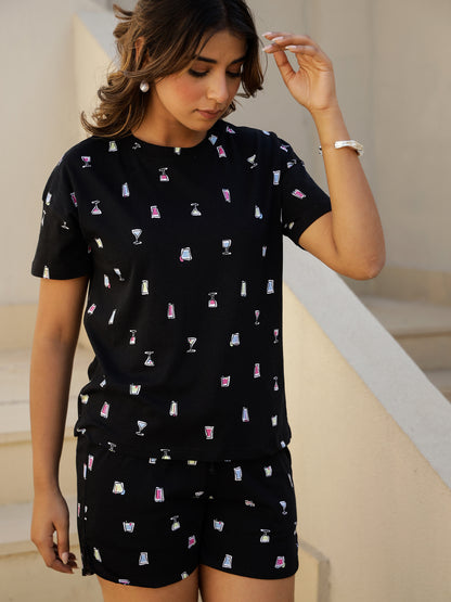 Black Cotton Short Sleeves Graphic T-shirt & Shorts