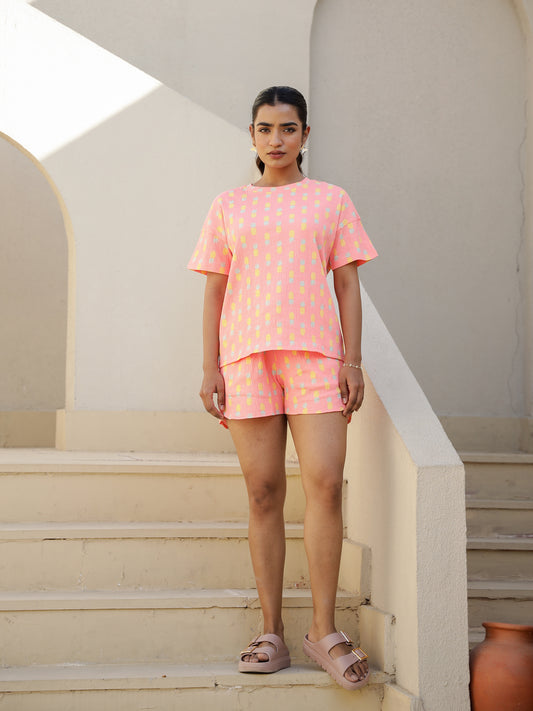 Orange Cotton Short Sleeves Tropical T-shirt & Shorts