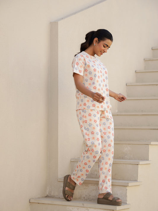 Cream Cotton Short Sleeves Floral T-shirt & Pyjamas
