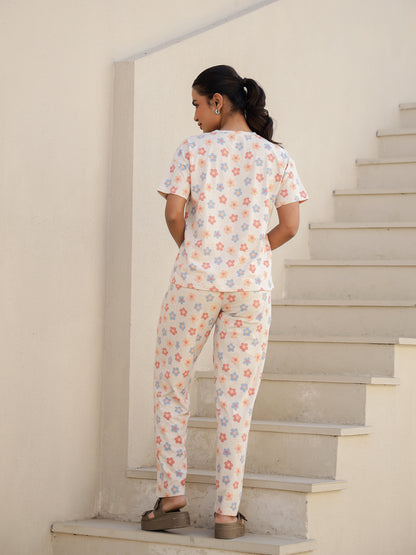 Cream Cotton Short Sleeves Floral T-shirt & Pyjamas