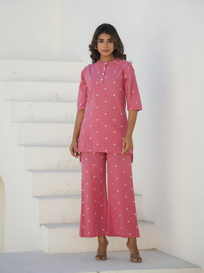 Pink Cotton Three-Quarter Sleeves Graphic Kurta & Palazzo