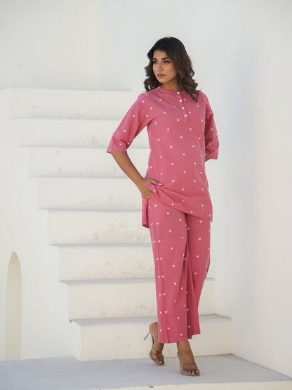 Pink Cotton Three-Quarter Sleeves Graphic Kurta & Palazzo