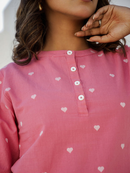 Pink Cotton Three-Quarter Sleeves Graphic Kurta & Palazzo