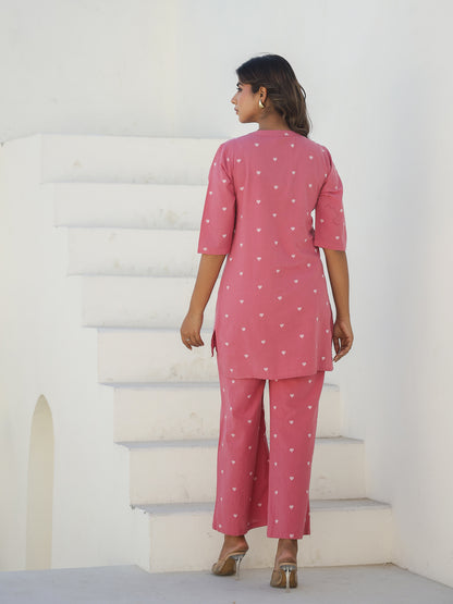 Pink Cotton Three-Quarter Sleeves Graphic Kurta & Palazzo