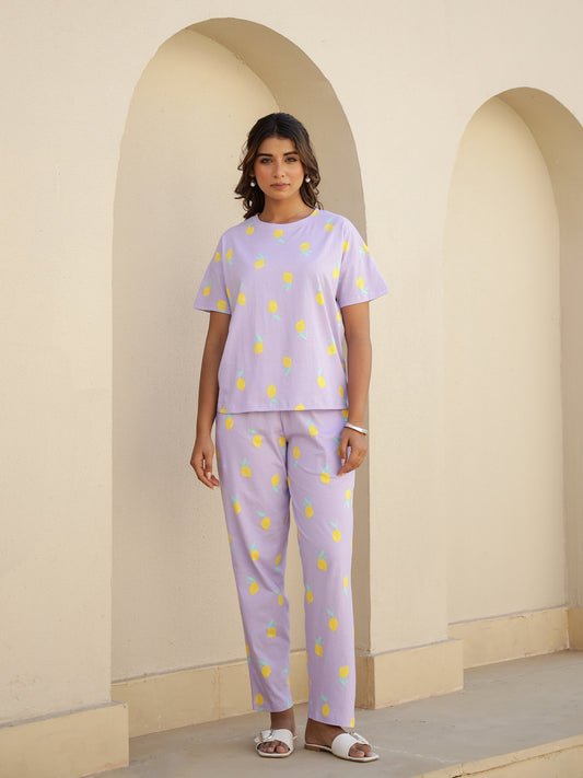 Purple Cotton Short Sleeves Tropical T-shirt & Pyjamas