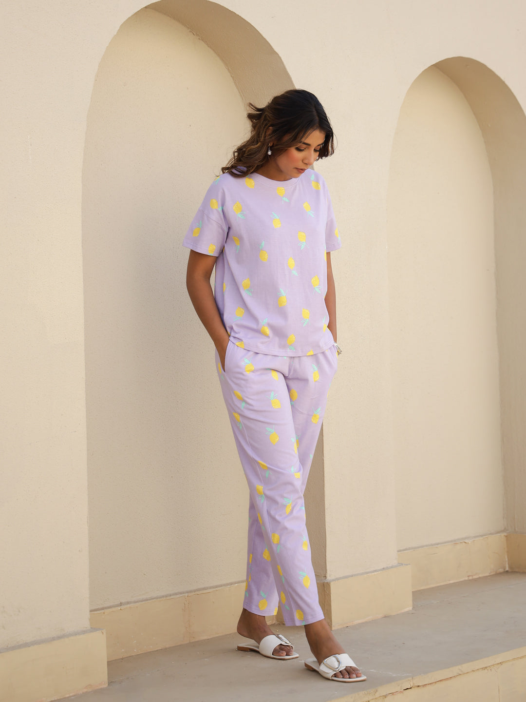 Purple Cotton Short Sleeves Tropical T-shirt & Pyjamas