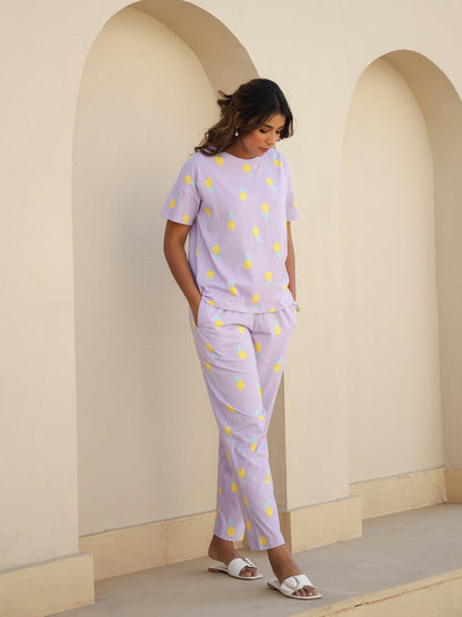 Purple Cotton Short Sleeves Tropical T-shirt & Pyjamas