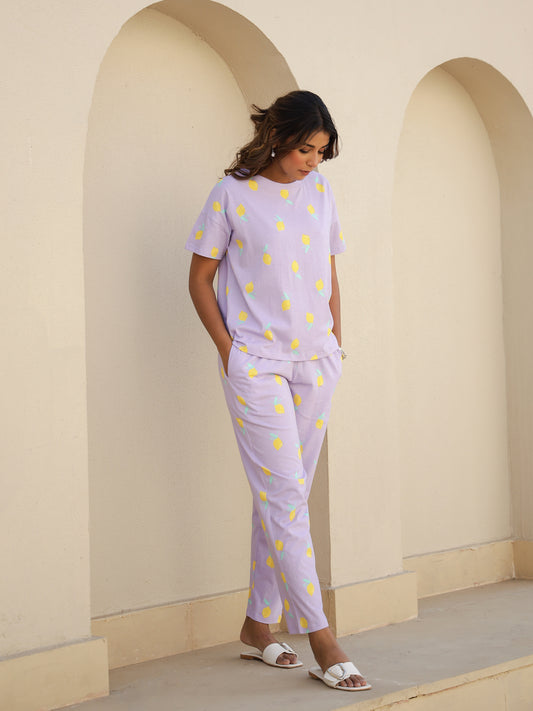 Purple Cotton Short Sleeves Tropical T-shirt & Pyjamas