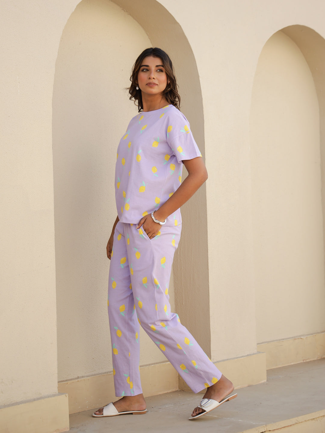 Purple Cotton Short Sleeves Tropical T-shirt & Pyjamas