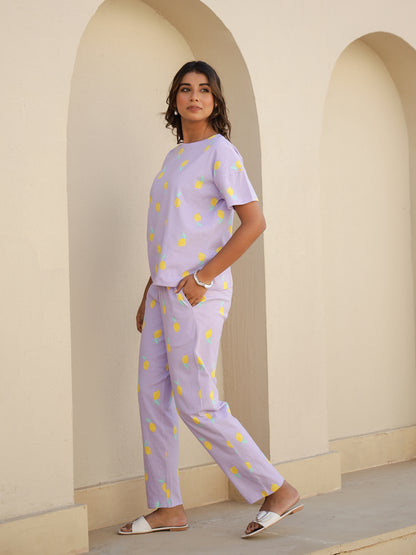 Purple Cotton Short Sleeves Tropical T-shirt & Pyjamas