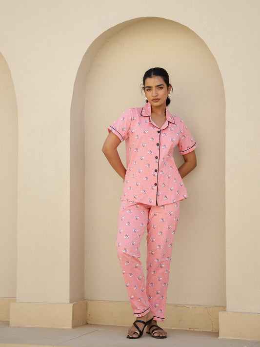 Coral Cotton Short Sleeves Typography Night Suit