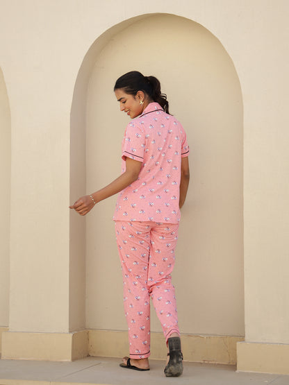 Coral Cotton Short Sleeves Typography Night Suit