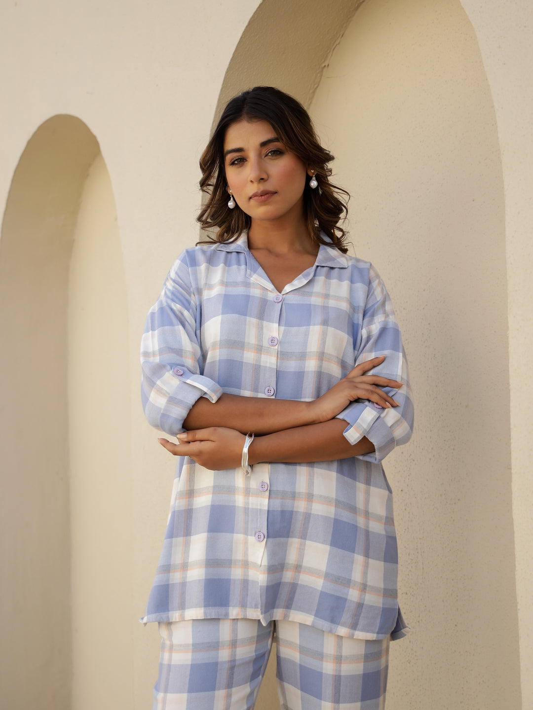 Blue Rayon Full Sleeves Checked Night Suit