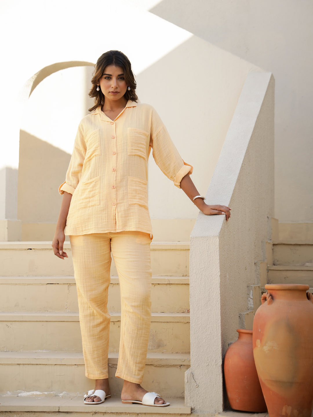 Yellow Cotton Full Sleeves Solid Night Suit