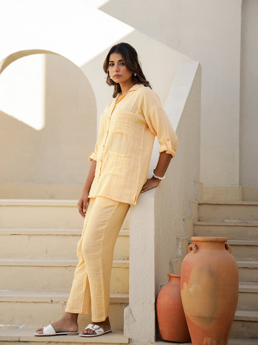 Yellow Cotton Full Sleeves Solid Night Suit