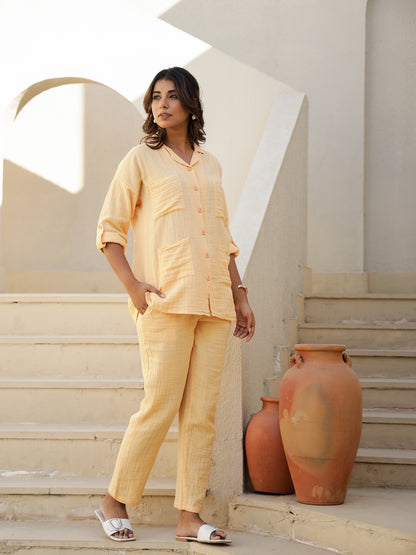 Yellow Cotton Full Sleeves Solid Night Suit
