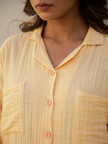 Yellow Cotton Full Sleeves Solid Night Suit