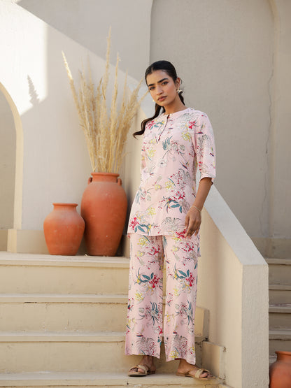 Pink Rayon Three-Quarter Sleeves Floral Kurta & Palazzo