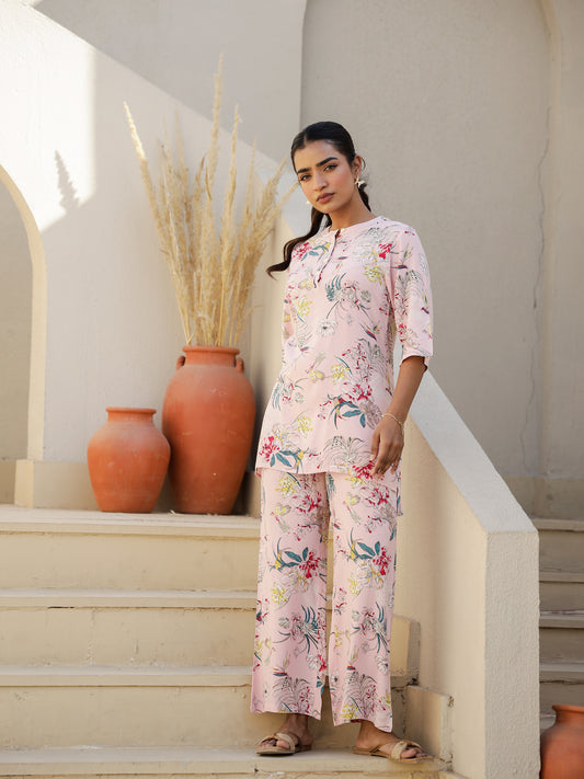 Pink Rayon Three-Quarter Sleeves Floral Kurta & Palazzo