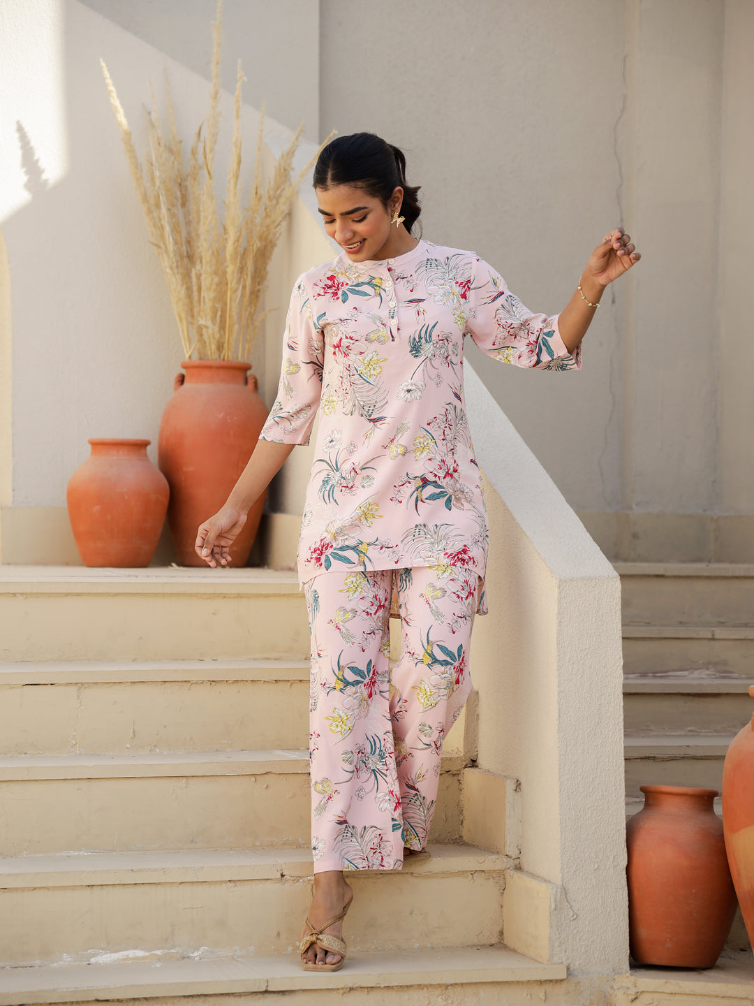 Pink Rayon Three-Quarter Sleeves Floral Kurta & Palazzo
