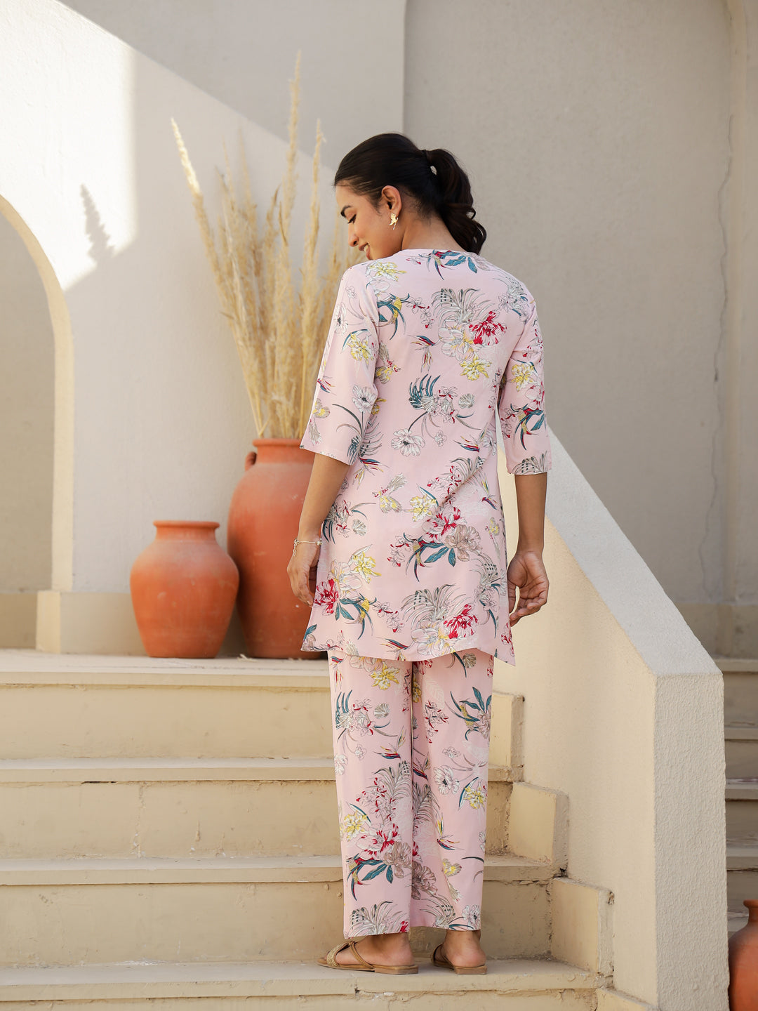 Pink Rayon Three-Quarter Sleeves Floral Kurta & Palazzo