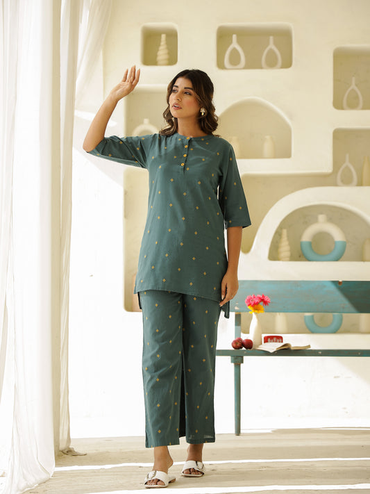 Green Cotton Three-Quarter Sleeves Floral Kurta & Palazzo